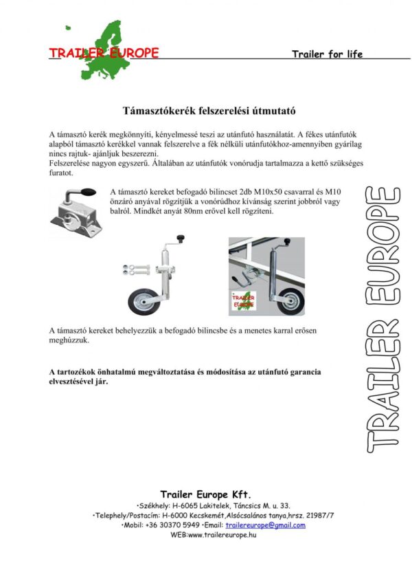 ALFA utánfutó támasztó kerék felszerelési útmutatója